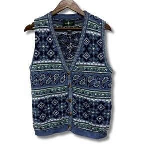 Hunt Club Vintage Sweater Vest Women M Blue Patchwork Paisley Sleeveless Grandma